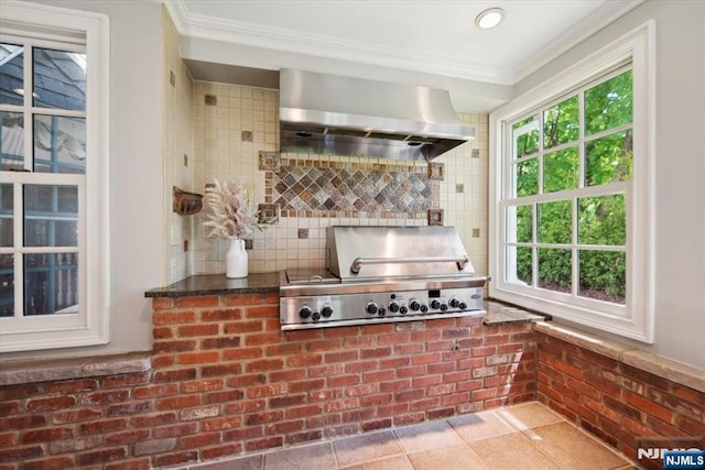 15 Hamilton Rd, Morristown Town, NJ 07960 - kitchen featuring ventilation hood, tasteful backsplash, crown molding, and healthy amount of natural light