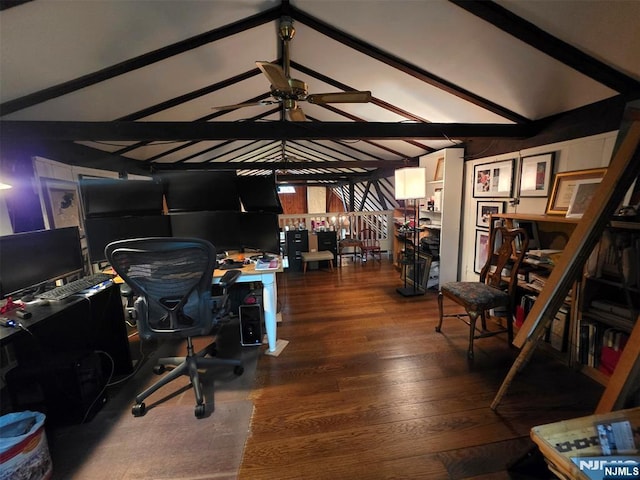 office area with wood finished floors and ceiling fan