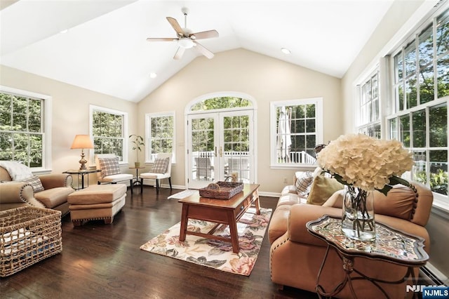 living room featuring a ceiling fan, wood finished floors, recessed lighting, high vaulted ceiling, and french doors