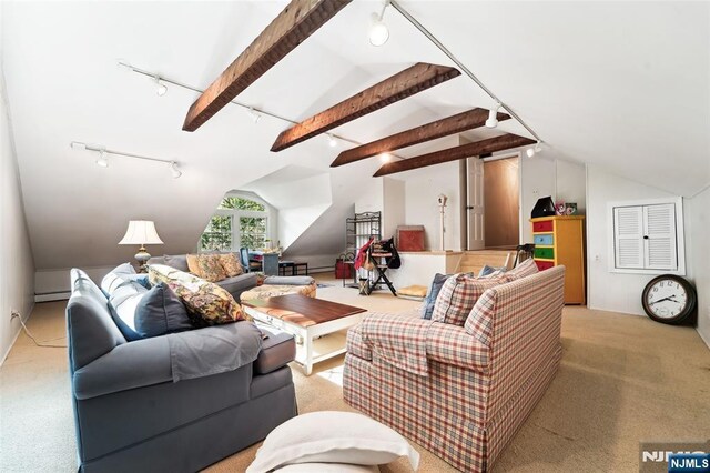 living room featuring track lighting, lofted ceiling, light colored carpet, and a baseboard radiator