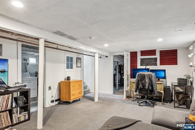 carpeted home office featuring washer / dryer and recessed lighting