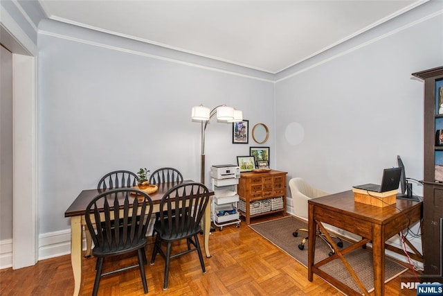 dining room with ornamental molding and an office area