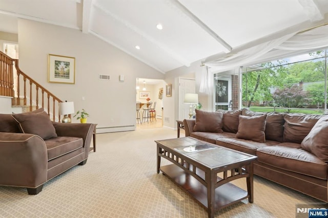 living area with a baseboard radiator, carpet flooring, baseboards, recessed lighting, and stairs
