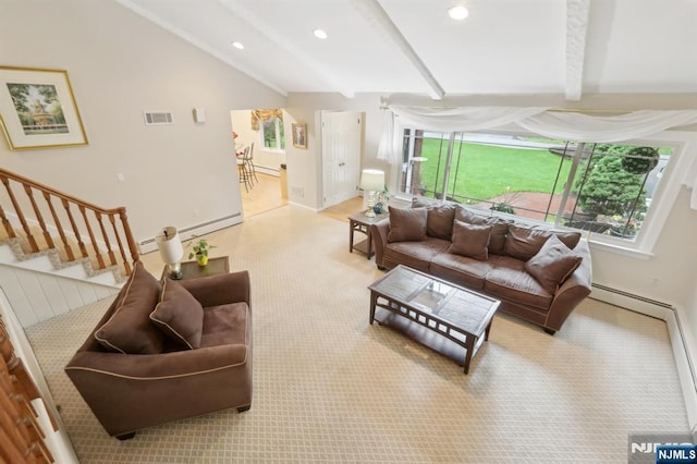 carpeted living room with recessed lighting, baseboards, a baseboard heating unit, and stairs