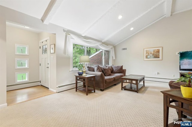 living room featuring baseboard heating, wood finished floors, recessed lighting, and baseboards