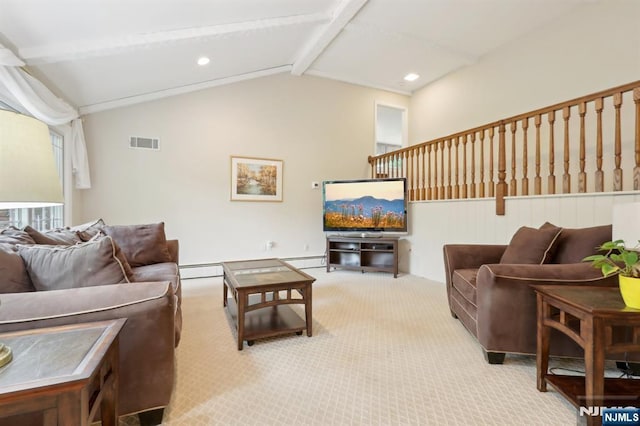 living room featuring light carpet and recessed lighting