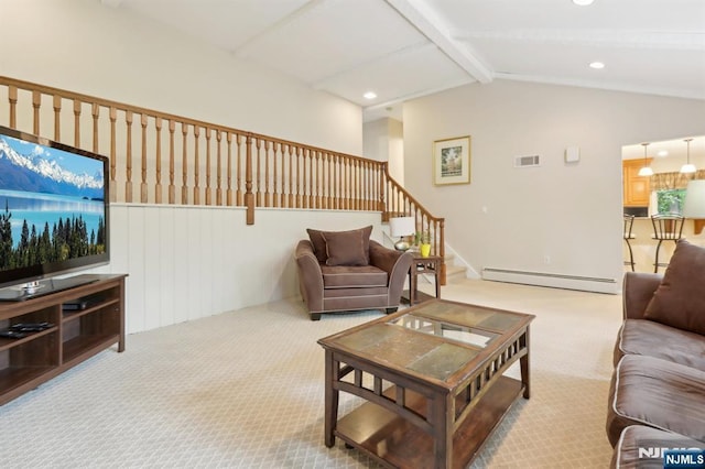 living area featuring a baseboard radiator, carpet, stairway, and recessed lighting