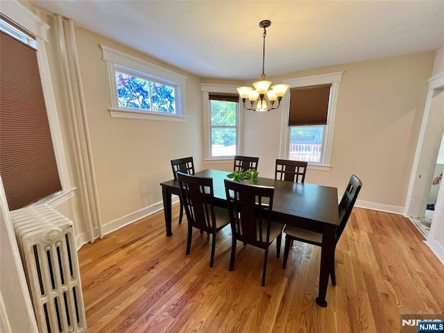 dining area with radiator, a chandelier, light wood-style floors, and baseboards