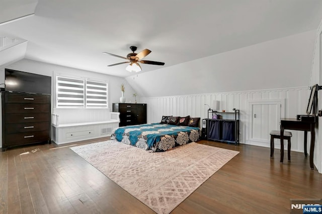 205 Elizabeth, Oradell, NJ 07649 - bedroom with dark wood-style flooring, lofted ceiling, and ceiling fan