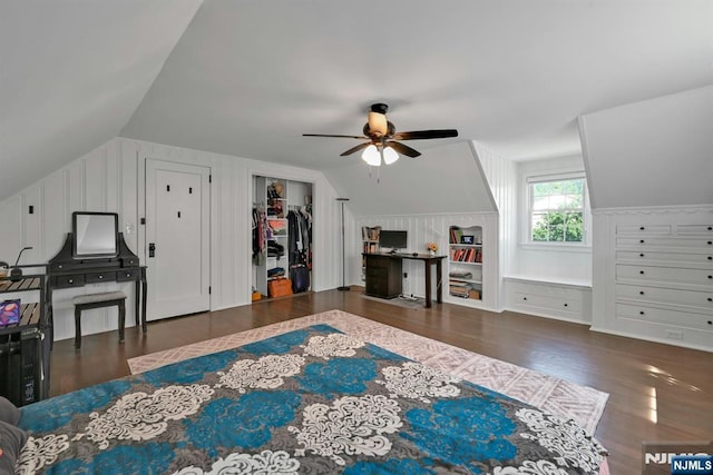 205 Elizabeth, Oradell, NJ 07649 - living area featuring vaulted ceiling, wood finished floors, and a ceiling fan
