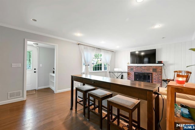 205 Elizabeth, Oradell, NJ 07649 - kitchen with ornamental molding, dark wood-style flooring, a fireplace, baseboards, and recessed lighting