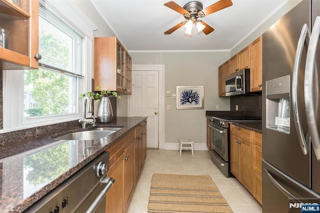 kitchen with stainless steel appliances, a sink, healthy amount of natural light, glass insert cabinets, and ornamental molding