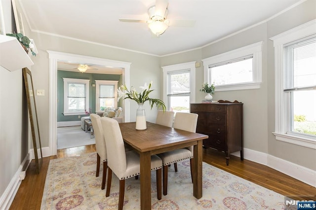 dining area with light wood finished floors, ceiling fan, baseboards, and crown molding