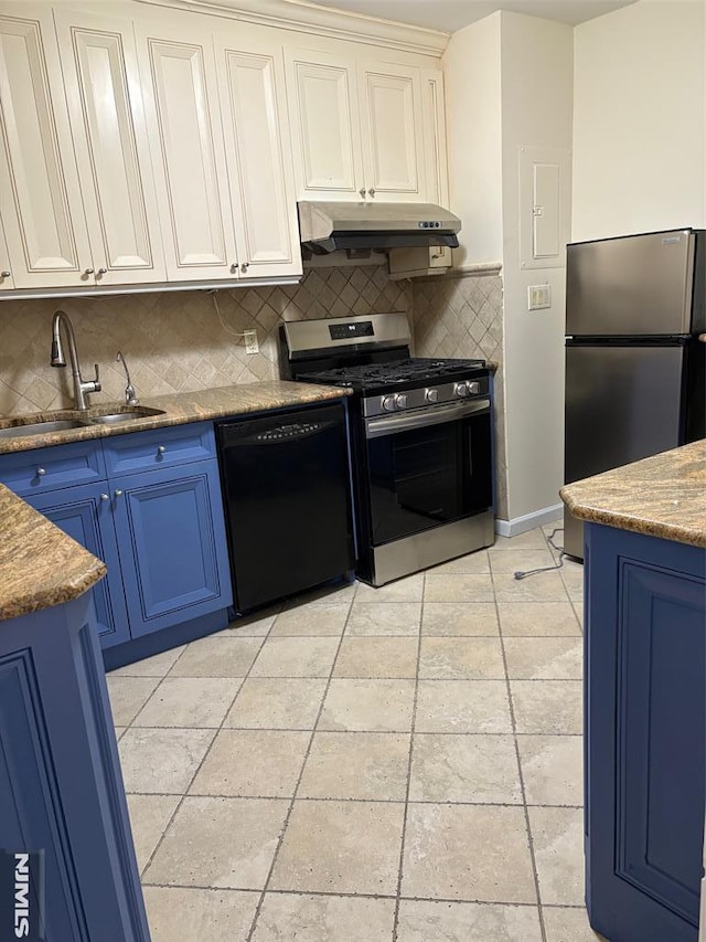 2352 Linwood Ave Unit 7A, Fort Lee, NJ 07024 - kitchen with stainless steel appliances, under cabinet range hood, a sink, blue cabinetry, and decorative backsplash