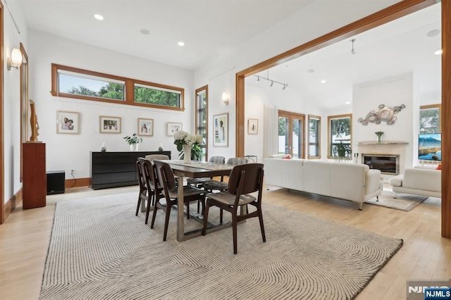 435 Cypress Ct, New Milford, NJ 07646 - dining space with light wood-style flooring, recessed lighting, and a glass covered fireplace