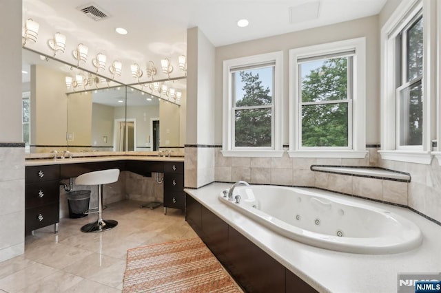 435 Cypress Ct, New Milford, NJ 07646 - full bath featuring a whirlpool tub, vanity, a wainscoted wall, and tile patterned flooring