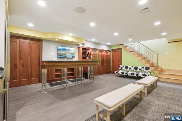 435 Cypress Ct, New Milford, NJ 07646 - playroom with a dry bar, light wood-style flooring, and recessed lighting