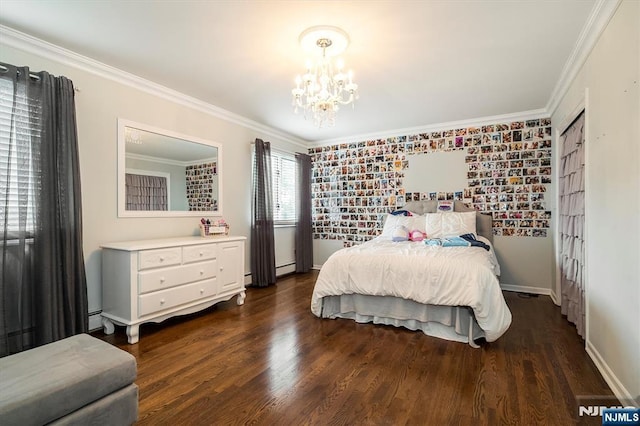 bedroom with a chandelier, dark wood-type flooring, crown molding, and baseboards