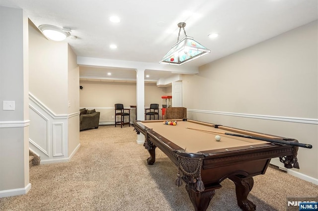 game room with carpet flooring, recessed lighting, pool table, and baseboards