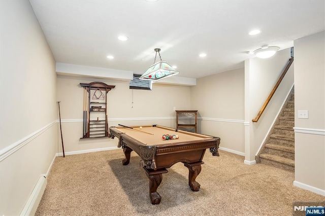 game room featuring carpet, recessed lighting, pool table, and baseboards