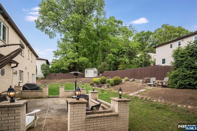 view of yard featuring a storage shed, a patio, and an outbuilding