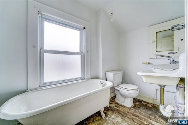 bathroom with toilet and a freestanding bath