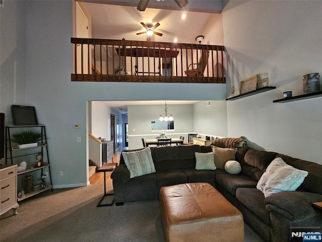 20 Eagle Dr, Hampton, NJ 07860 - living area featuring high vaulted ceiling, a ceiling fan, carpet floors, stairs, and a chandelier