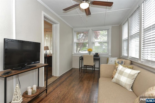 228 Ridgefield Ave, Bogota, NJ 07603 - living area with crown molding, wood finished floors, ceiling fan, and baseboards