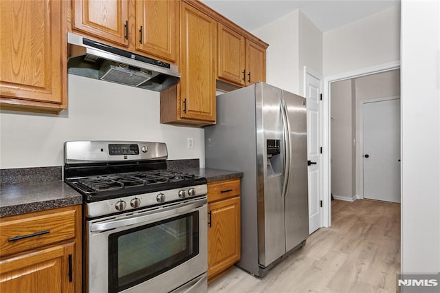 52 Straton Ct Unit 1006, Sayreville, NJ 08859 - kitchen with appliances with stainless steel finishes, under cabinet range hood, light wood-style flooring, and brown cabinetry