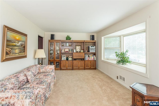 sitting room featuring light carpet