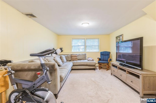 living area featuring light colored carpet