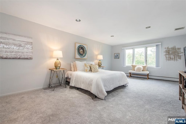 carpeted bedroom with baseboard heating and baseboards