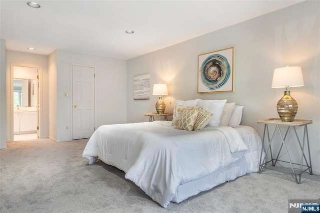 bedroom with carpet, baseboards, and recessed lighting