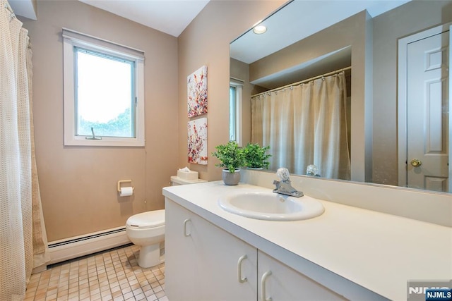 full bathroom featuring a baseboard heating unit, toilet, vanity, tile patterned floors, and a shower with shower curtain