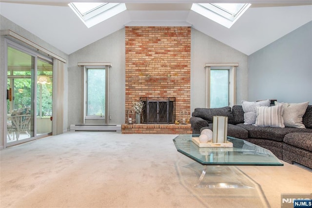 living room featuring a skylight, a baseboard radiator, carpet, and high vaulted ceiling