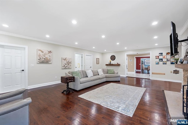 202 Elmwynd Dr, Orange, NJ 07050 - living room featuring ornamental molding, baseboards, wood finished floors, and recessed lighting