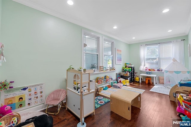 202 Elmwynd Dr, Orange, NJ 07050 - game room featuring wood-type flooring, ornamental molding, and recessed lighting