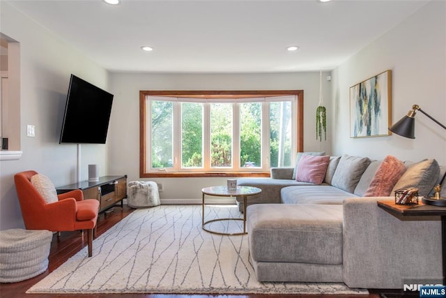 living area featuring wood finished floors, recessed lighting, and baseboards