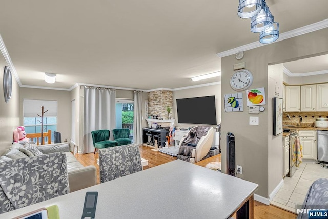 548 Windsor Dr Unit 548, Palisades Park, NJ 07650 - living room featuring ornamental molding, light wood-type flooring, and baseboards