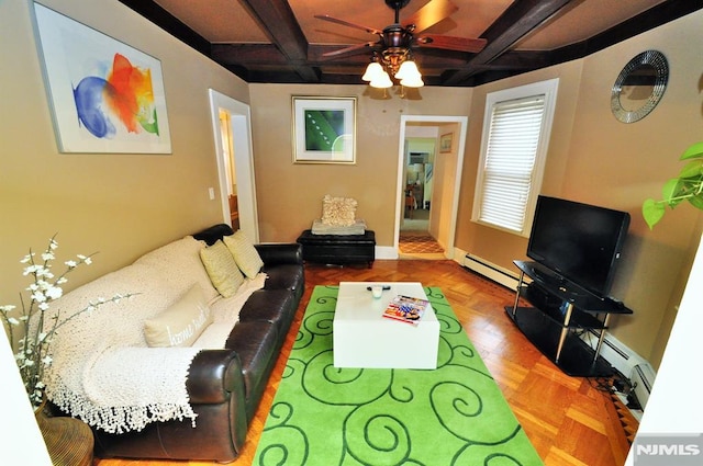 79 Arthur St, Ridgefield Park, NJ 07660 - living area with coffered ceiling, a baseboard heating unit, a ceiling fan, beamed ceiling, and baseboards