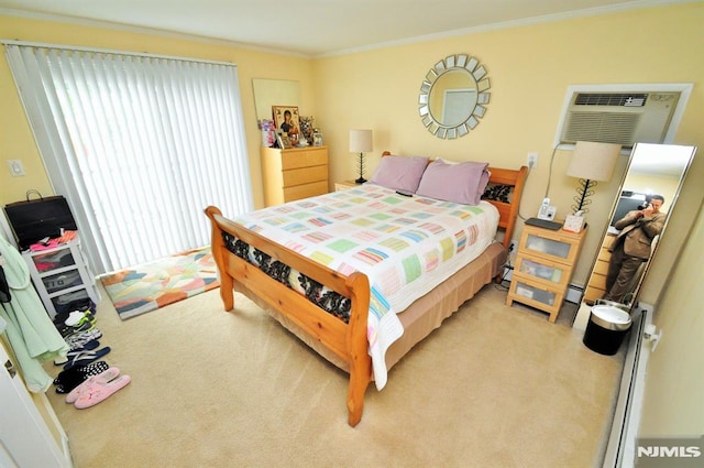 79 Arthur St, Ridgefield Park, NJ 07660 - bedroom with light colored carpet, ornamental molding, and a wall mounted air conditioner