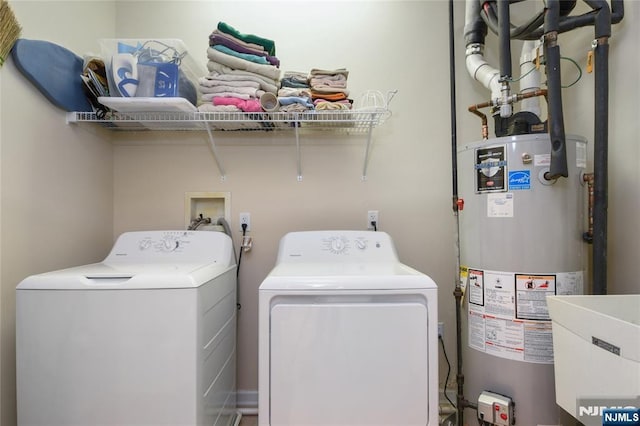 laundry area featuring water heater and washer and dryer