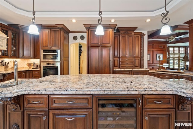 14 Stewart Ct, Old Tappan, NJ 07675 - kitchen with wine cooler, light stone countertops, glass insert cabinets, crown molding, and backsplash