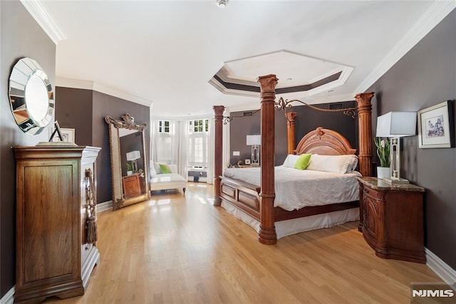 14 Stewart Ct, Old Tappan, NJ 07675 - bedroom featuring a raised ceiling, light wood-style flooring, ornamental molding, ornate columns, and baseboards