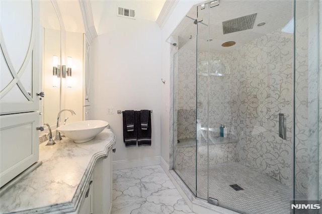 14 Stewart Ct, Old Tappan, NJ 07675 - full bath with marble finish floors, vanity, and a shower stall