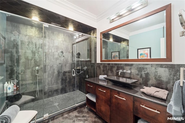 14 Stewart Ct, Old Tappan, NJ 07675 - full bath with vanity, marble look tile flooring, ornamental molding, a stall shower, and tile walls