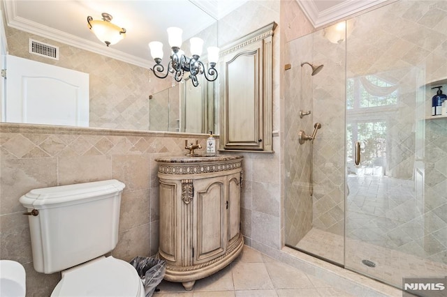 14 Stewart Ct, Old Tappan, NJ 07675 - full bath with crown molding, toilet, tile walls, a chandelier, and a shower stall