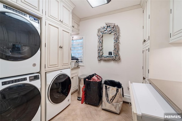 14 Stewart Ct, Old Tappan, NJ 07675 - laundry room with cabinet space, estacked washer and dryer, and crown molding