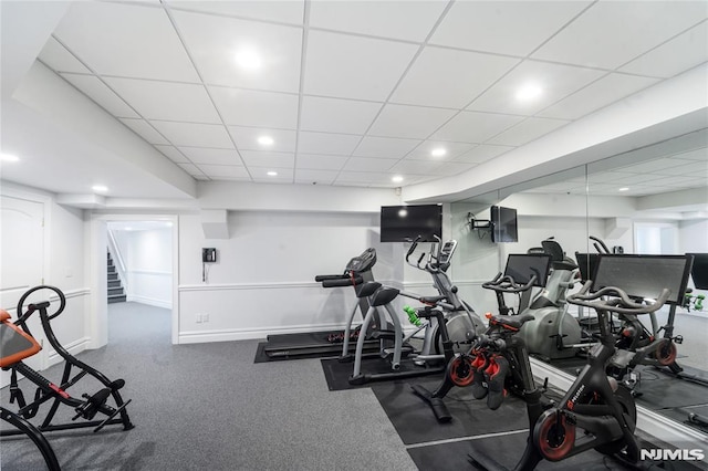 14 Stewart Ct, Old Tappan, NJ 07675 - workout room featuring a drop ceiling, recessed lighting, baseboards, and carpet