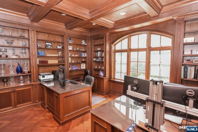 70 Oak Dr, Upper Saddle River, NJ 07458 - office area with wooden ceiling with exposed beams, ornamental molding, wooden walls, built in features, and coffered ceiling